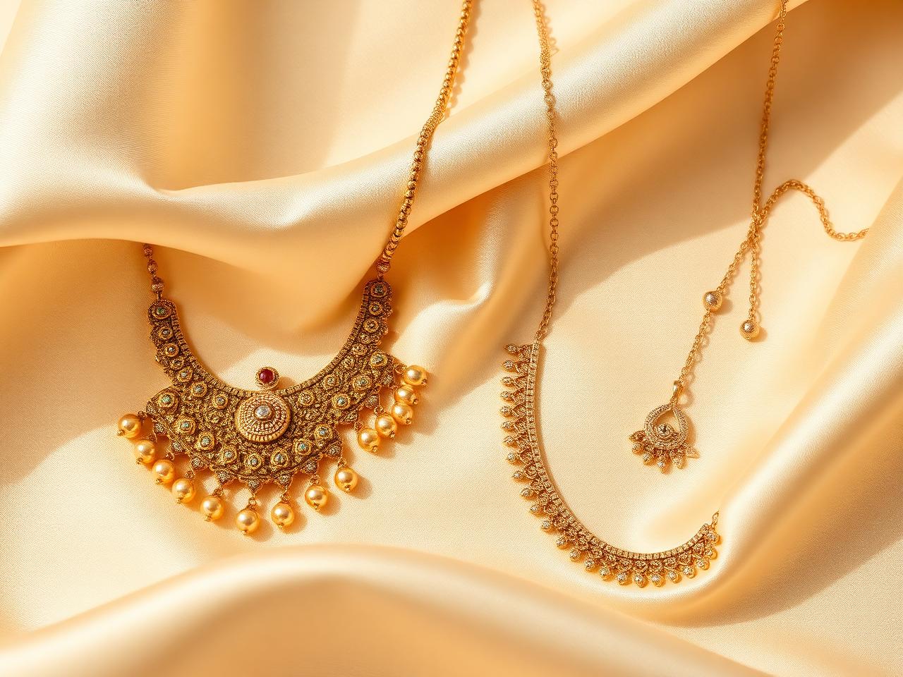 An heirloom Indian gold necklace beside its modern redesigned version